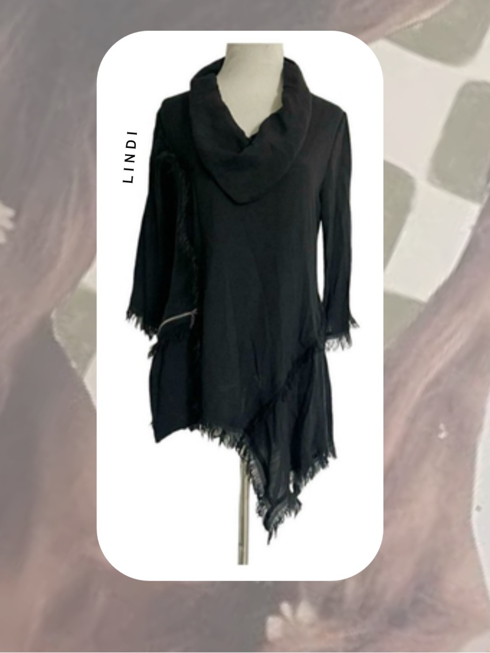 🎉Lindi Black Cowl Neck Asymmetrical Fringe Tunic Top with Zipper Pocket